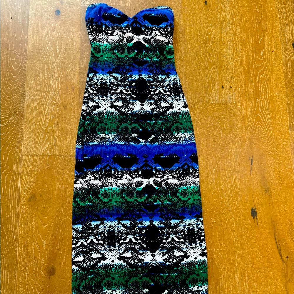 Bebe Blue and Green Strapless Bodycon Dress